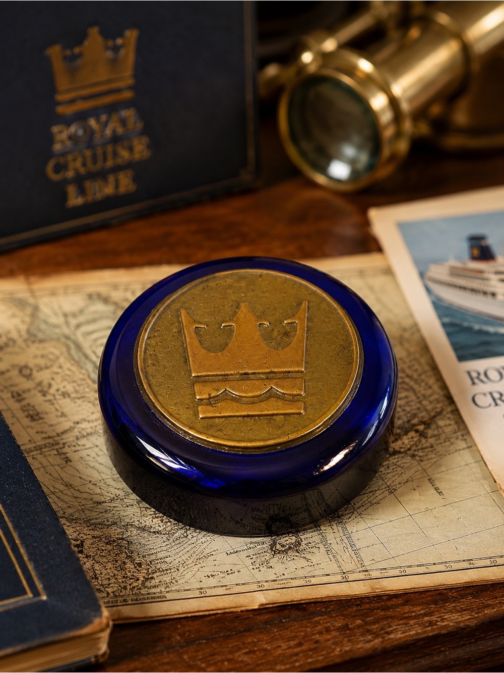 Vintage 1980s Royal Cruise Line Cobalt Blue Glass Brass Paperweight